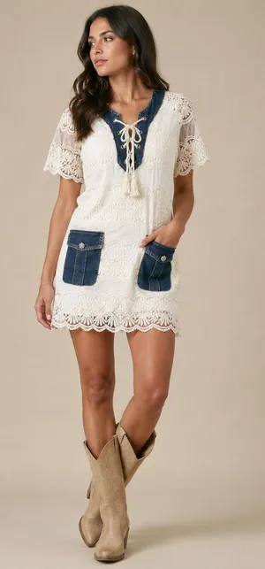 Boho Mini Dress Denim White Lace Crochet Cottagecore Western Large thumbnail 1