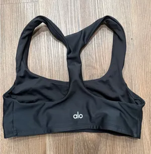 Alo Yoga‎ Womens Black Racerback Sports Bra Size S Solid Scoop Neck Logo Worn thumbnail 1