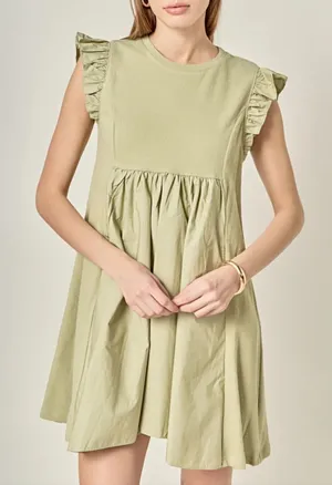 English Factory Mixed Media Mini Ruffle Sleeve Media Dress, Sage - Medium thumbnail 1
