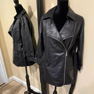 Faux leather jacket pu leather coat trench parka fall coat motorcycle jacket Black Size XS thumbnail 5
