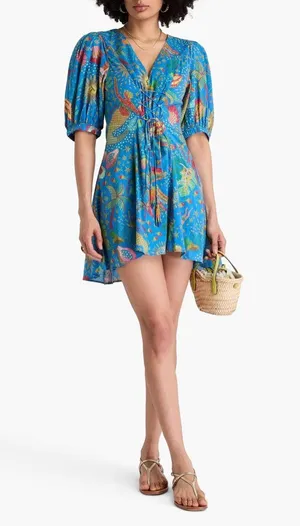Farm Rio Embellished Lace Up Ocean Stories Printed Swiss Dot Cotton Mini Dress thumbnail 1