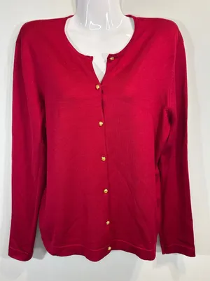 Lauren Ralph Lauren Red Silk Blend Button‎ Front Cardigan Large Coastal Grandma thumbnail 1