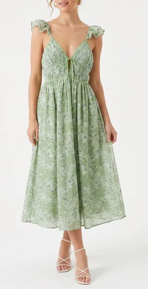 En Saison Green Floral Ruffle Strap Smocked Midi Dress Large thumbnail 1