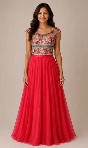 Sherri Hill Red Floral Embroidered Beaded Chiffon A-Line‎ Evening Gown Dress 10 thumbnail 1