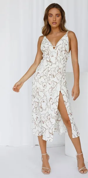 Sundae Muse Side Slit Patterned Midi Dress Brown White Size US 2 Resort Vacation thumbnail 1
