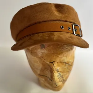 Brown faux suede women's newsboy cap with a buckle trim detail thumbnail 1