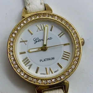 Geneva platinum woman’s 30mm gold tone watch rhinestones white dial runs thumbnail 2