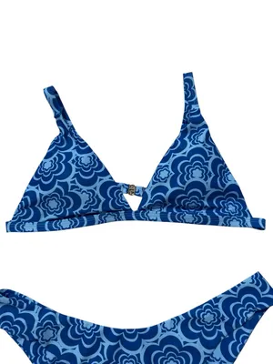 Blue Retro Floral Cheeky Bikini Set XL High Leg Triangle Swimwear Y2K Boho Beach thumbnail 3