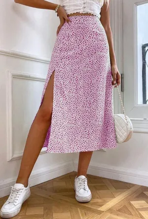 Pink Floral Midi Shein Skirt thumbnail 1
