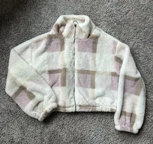 Timing Plush Zip-Up Jacket in Cream, Blush & Tan Plaid thumbnail 1