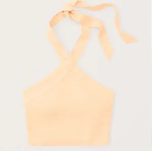 Abercrombie & Fitch Linen Blend Halter Crop Top in Light Orange Medium thumbnail 1
