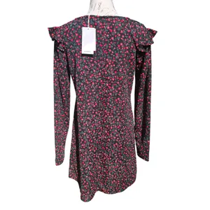 Mango‎ MNG NWT Floral Ruffle Shoulder V-Neck Mini Dress Black Red Size Medium thumbnail 4
