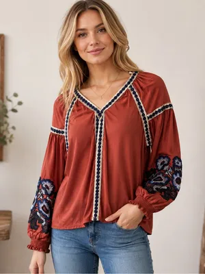 Mocha Apparel Rust Embroidered Boho Peasant Blouse Balloon Sleeve S NWT thumbnail 1
