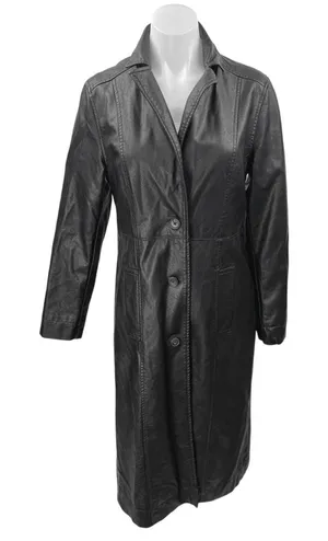 Urban Outfitters Black Faux Vegan Leather Button Up Long Coat Rain Jacket Sz S thumbnail 1