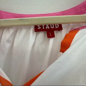 NWT STAUD White Mini Dress Pink Orange Trim Long Puff Sleeves Size Large thumbnail 4