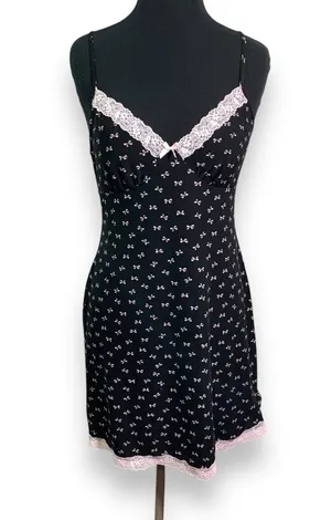 Apt. 9 Intimates Black and Pink Lace Bow Print Coquette Mini Slip Dress thumbnail 1