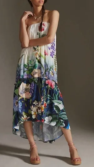 NWT Anthropologie Ruffle Cascade High-Low Dress XL Floral Botanical OB1465466‎ thumbnail 1