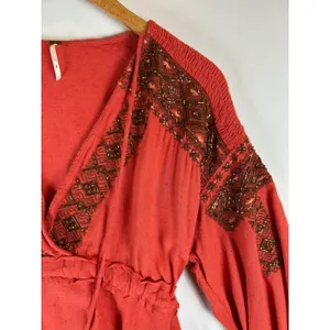 Free People Beaded Boho Tunic Dress Burnt Orange Red Long Sleeve L‎ Peasant Folk thumbnail 10