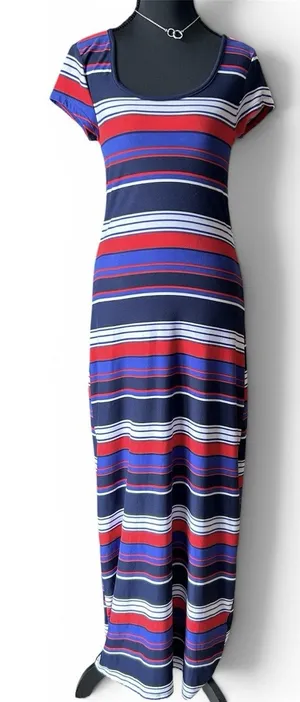 Derek Heart Striped Maxi Dress Med Blue Red White Jersey Knit Short Sleeve VGUC thumbnail 1