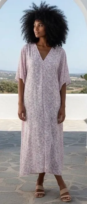 Brooke Wright Floral Kaftan Dress Womens Medium Pink Purple Cotton Linen Maxi‎ thumbnail 1