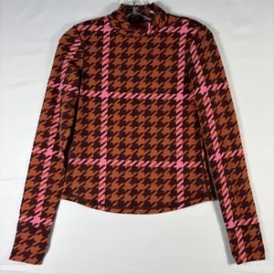 Aerie‎ Women Pink Brown Houndstooth Mock Neck Thumbhole Active Top S thumbnail 1