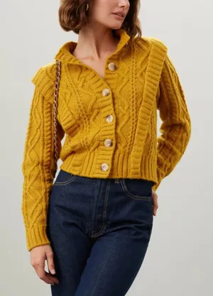 Central Park West Mustard Cable Knit Cardigan Sweater SMALL Cottage Prairie $181 thumbnail 1