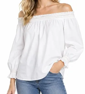 LOFT Women White Off Shoulder Peasant Blouse Long Sleeve Smocked Cuffs Size L thumbnail 1