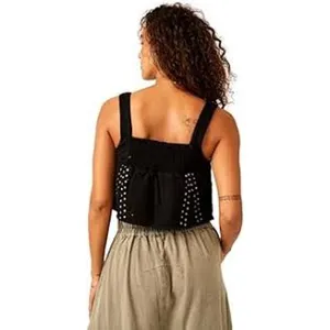Free People Ricki Studded Top In Midnight Combo Womens Size Large Black NWT NEW thumbnail 3