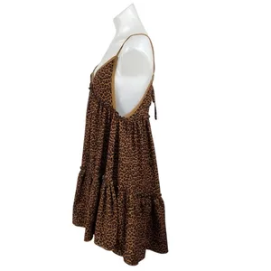 Vestique Brown Leopard Animal Print Sleeveless Tiered Swing A Line Mini Dress S thumbnail 3