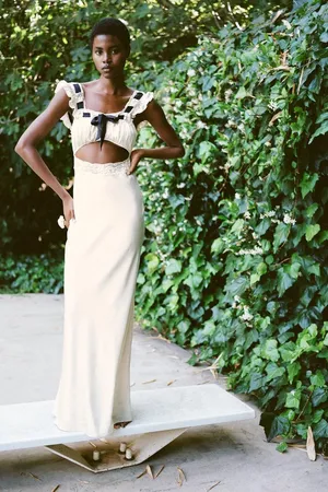 Zara dress lingerie style ivory black lace crochet ribbon tied satin effect maxi thumbnail 14