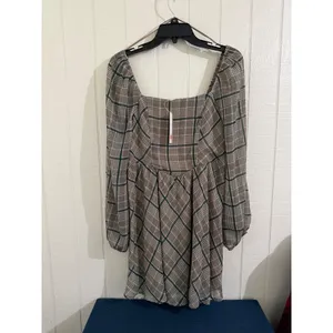Copper Key Brown Green Plaid Square Neck Smocked Back Mini Dress NWT Size M thumbnail 3