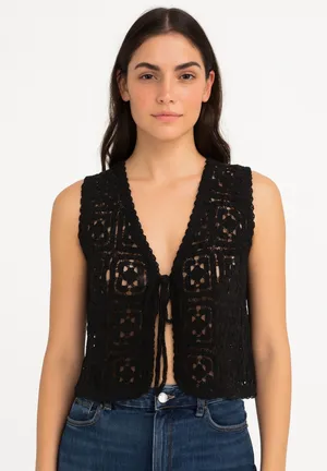 SUMMER AWAY Crochet Tie Front‎ Vest Top Black NWT Small thumbnail 1