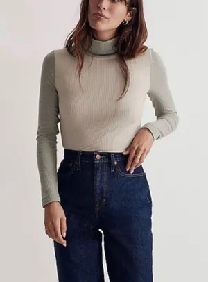 Madewell ribbed turtleneck sweater size large colorblock in green/cream thumbnail 1