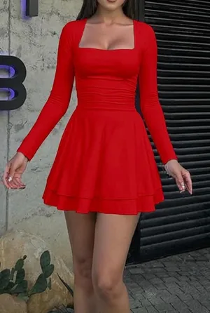 Red square neck ruffle hem mini dress Size L thumbnail 1