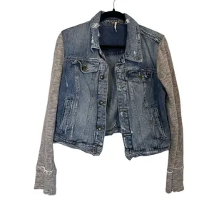 Free People Distressed Denim Jacket Mixed Fabric Knit Sleeve Moto Trucker Size M thumbnail 2