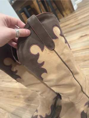 LANE Brown & Tan Two-tone Leather Western Snip-toe Heeled Cowboy Boots | Sz 9.5 thumbnail 6