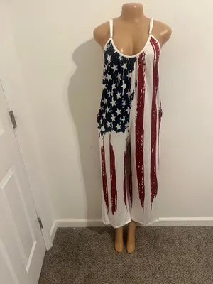 Show your style with this vibrant patriotic jumpsuit, featuring bold red, white, and blue colors. Perfect for any casual outing. thumbnail 2
