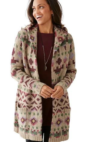 J.Jill Lenox hooded cardigan sweater geometric fair isle relaxed front pockets thumbnail 1
