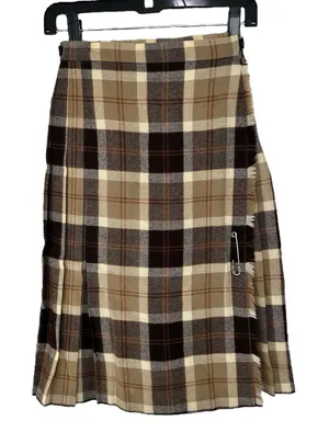 Vintage Pure New Wool Plaid Wrap Kilt Skirt Women’s XS Small Beige Brown Tartan thumbnail 1