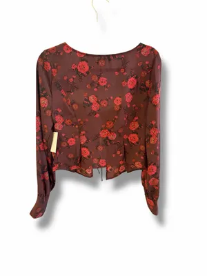 Leith Floral‎ Tie-Front Long Sleeve Peplum Top in Burgundy and Red thumbnail 2