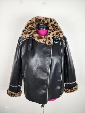 Black Faux Leather Moto Jacket with Leopard Faux Fur Accent thumbnail 11
