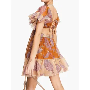 ASOS Boho Mixed Paisley Print Tie Front Tiered Mini Dress Strappy Back Women's 4 thumbnail 3