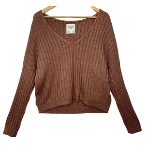 Abercrombie & Fitch Brown Ribbed Knit Long Sleeve Oversized V-Neck Sweater Sz XL thumbnail 2