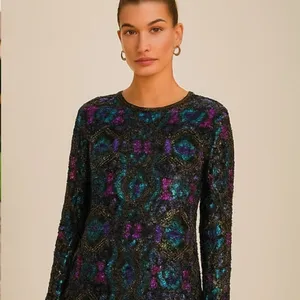 Vintage Art Deco 100% Silk Sequin & Beaded Top M thumbnail 13