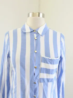 Soft Surroundings Light Blue and White Vertical Stripe Button-Down Shirt thumbnail 10