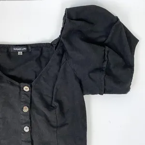 Sugarlips Mirabelle Puff Sleeve Top Black Linen Button Front V-Neck‎ Size Medium thumbnail 4