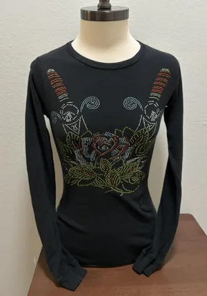 Y2K Roses Rhinestone Embellishment Black Long Sleeve Sz S thumbnail 1