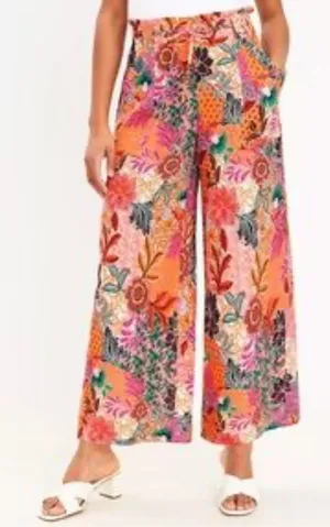 Loft Womens Floral Linen Pull On Pant Cropped Pink Orange Xs thumbnail 1