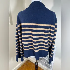 J. Crew Navy and Tan Striped chunky crewneck Sweater size XL thumbnail 3