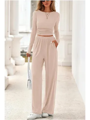 PRETTYGARDEN NEW 2 Pc Lounge Set Casual Long Sleeve Shirt Wide Leg Pants Tracksuit XL thumbnail 6